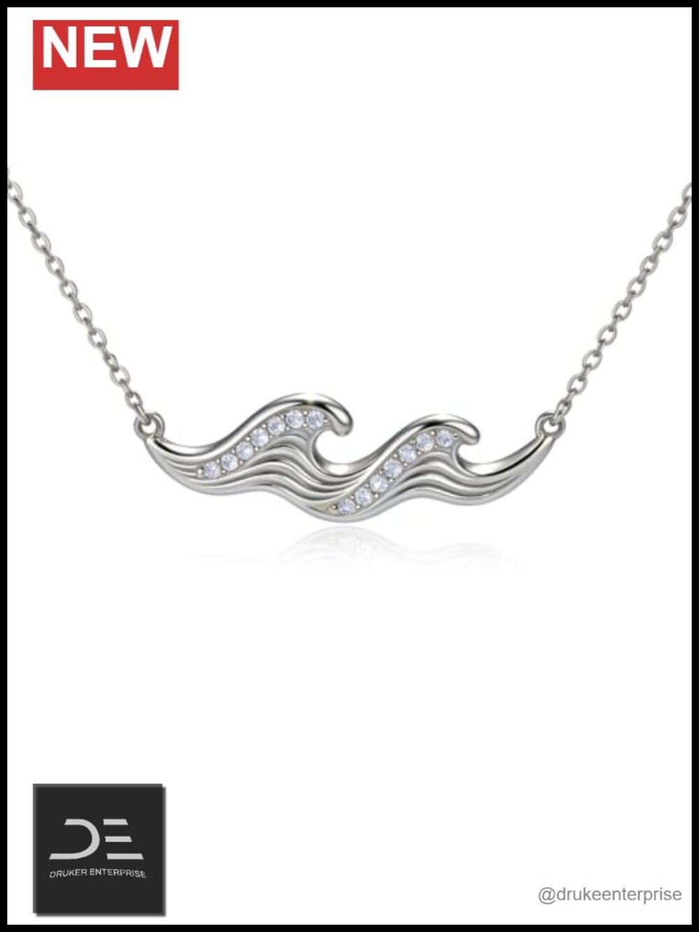 Sterling Silver Ocean Wave Pendant Necklace Lab Grown Diamond 18" Dainty Jewelry